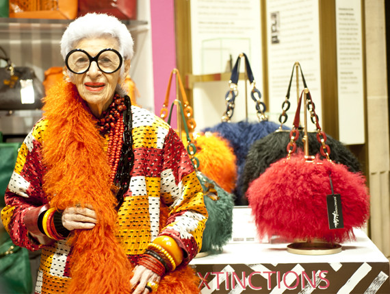 Iris Apfel shows her handbag collection, Extinction, at Henri Bendel on 5th Avenue and 55th Street in Manhattan on Friday, October 12, 2012.